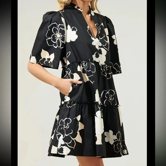 Floral Notch Neck Dress with Elegant Puff Sleeves - Flowy Ruffle Hem - Picture 3 of 3